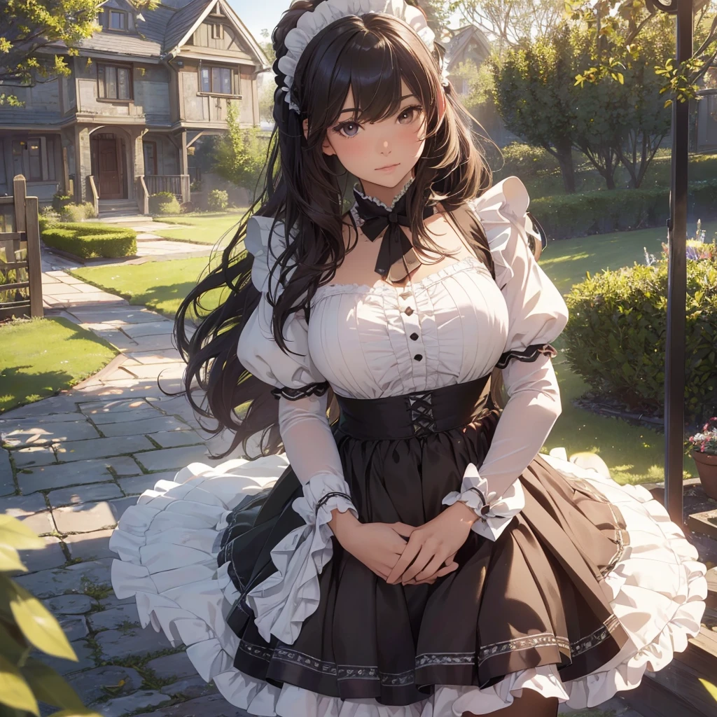 masterpieces,best quality,(ultra_detailed),3D,(realistic:1.9),(photorealistic:1.9),(light falloff at edges:1.9),shallow depth of field,sensual girl,in garden,at morning,western‐style house in the background,plump,(brown _pantyhose,)wavy long hair,built bangs,drooping eyes,wide-set eyes,lovely round eyes,looking away,round face, (maid costume),