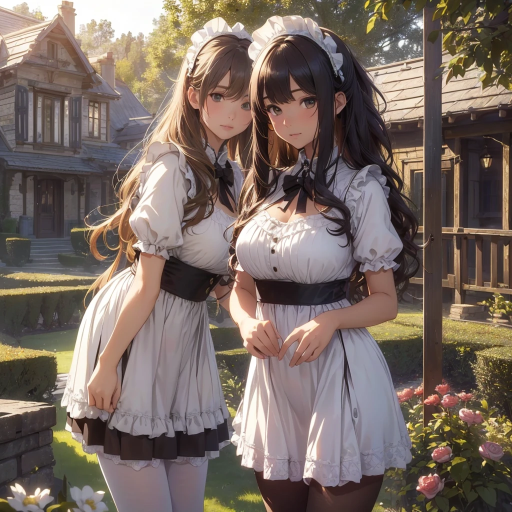 masterpieces,best quality,(ultra_detailed),3D,(realistic:1.9),(photorealistic:1.9),(light falloff at edges:1.9),shallow depth of field,sensual girl,in garden,at morning,western‐style house in the background,plump,(brown _pantyhose,)wavy long hair,built bangs,drooping eyes,wide-set eyes,lovely round eyes,looking away,round face, (maid costume),