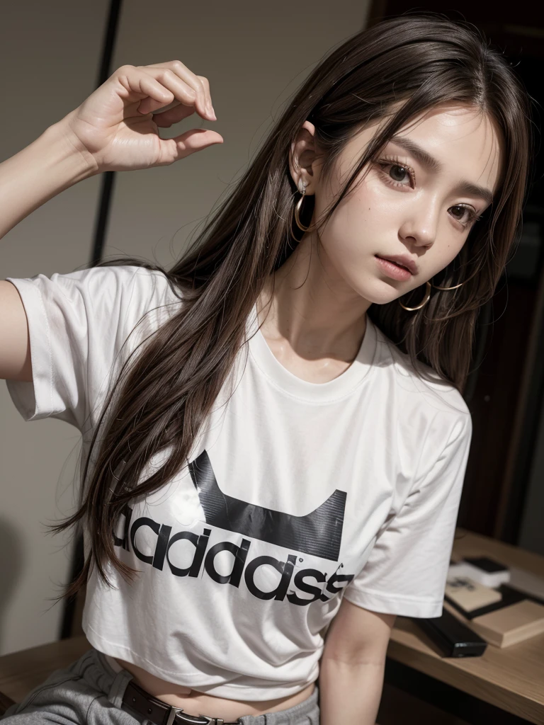 One person, chest, 大きなchest, , T-shirts Adidas Long Hair, Brown Hair, belt、
Earrings,