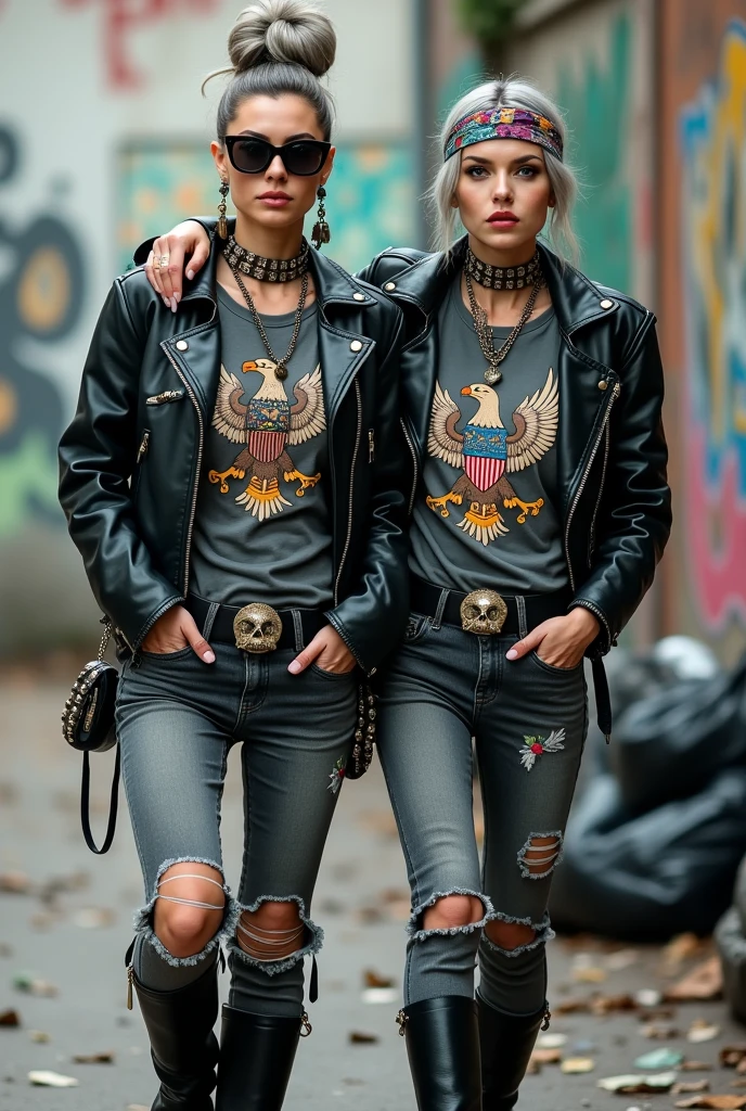 Two russian milf women,  one with the arm over the shoulder of the other. grey hair (one: bouffant, top bun. The other, straight and middle part}and one wearing oversized square sunglasses and wide  colourful bandana as headband), with very light green eyes, extremely pale. Big lips. No tan. Wearing aged black moto jacket (zippers on the side, skull and bones pins).  Both: same old worn grey t-shirt with spread wings eagle holding a oak leaves garlandlogo. Both,, dark skinny low rise grey jeans with holes on knees ( patched with colourful fabric). Both:,  dark grey worn jeans {with holes on knees) tucked in black leather knee high boots. . Lots of thick wide studded bracelets, chain collars and big rings. Both, high boots. Tacky wide studded leather belt with big skull and bones oval buckle. Long earrings with chains and feathers. Walking with hands in pockets, stretching her neck, craving., Neck, chest, stomach and wrists heavily tattoed. Toned abdominals, thin neck, slim legs and thin arms. Narrow hips and slim legs.  Black leather studded tote bags. Graffitied wall behind, waste on the groun and piled garbage bags around.