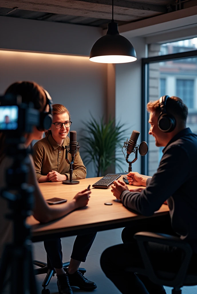Réalise un bureau de Podcast avec les équipements nécessaires et les lumières et une personne entrain de se filmer et un téléphone. Deux personnes assis entrain de réaliser le podcast