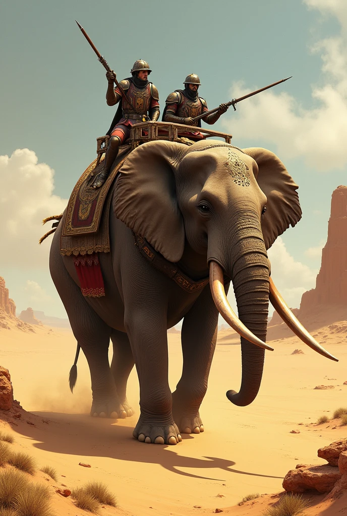 Generate me the image of a war elephant, This one has a long barrel, manned by two men, He is wearing armor and a purple cloak., He is walking through a desert