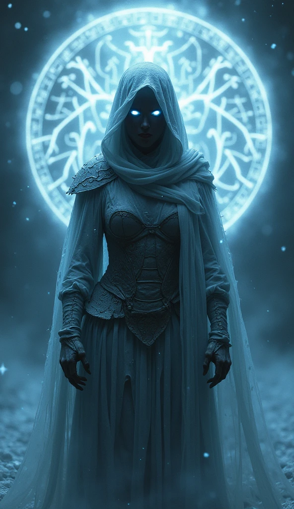 A ghostly female silhouette. Messenger of Ice God. Undead . Screaming.frozen armor. Cracked armor. Canvas hood. Runic circle. Elements. Ice from inside. Glowing eyes. Bokeh blur. ral-dissolve. photorealistic, BadDream