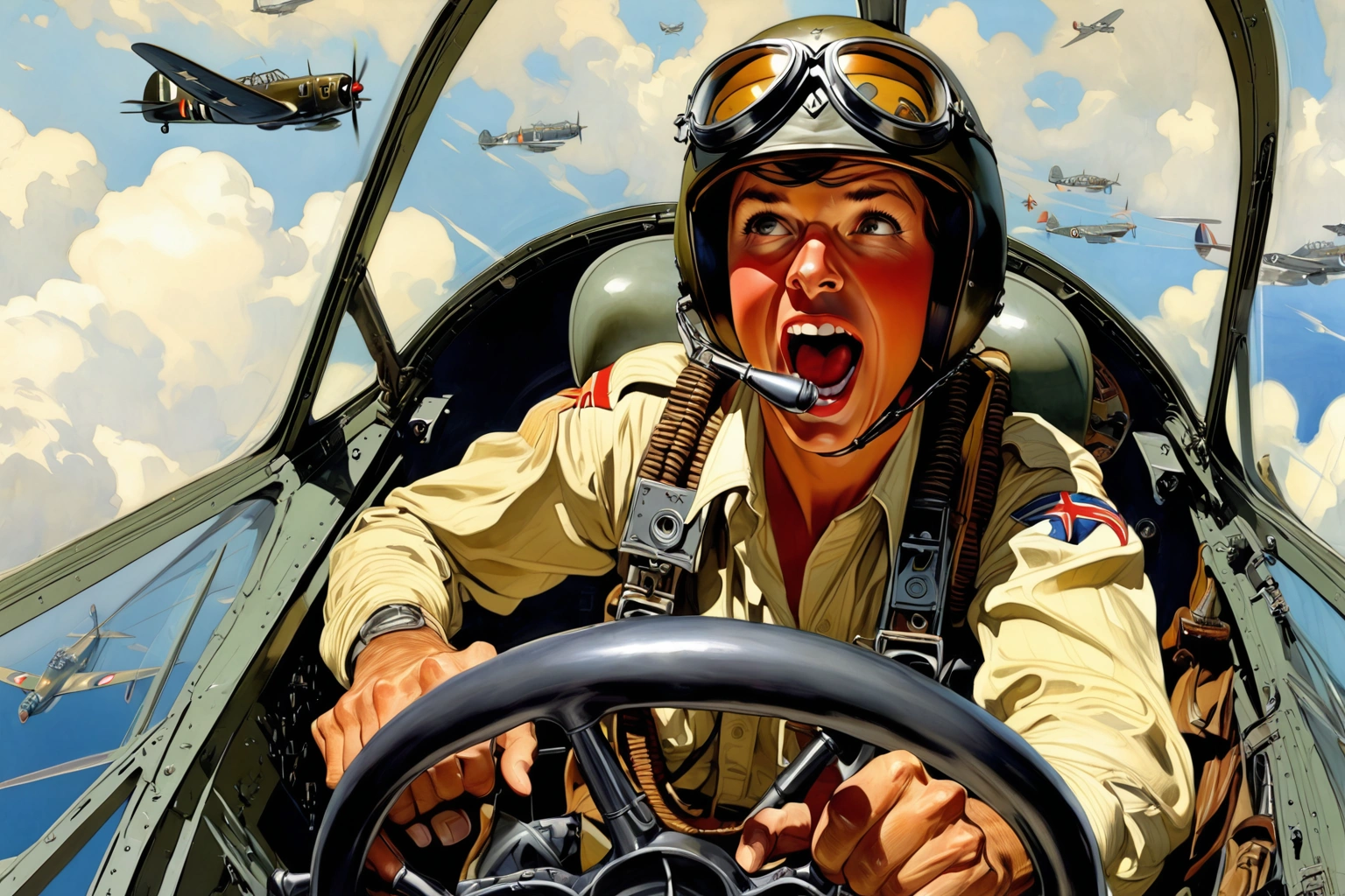 pilot , yelling, Dentro do cockpit, ww2, Art of J..c. Leendecker, background, for coloring