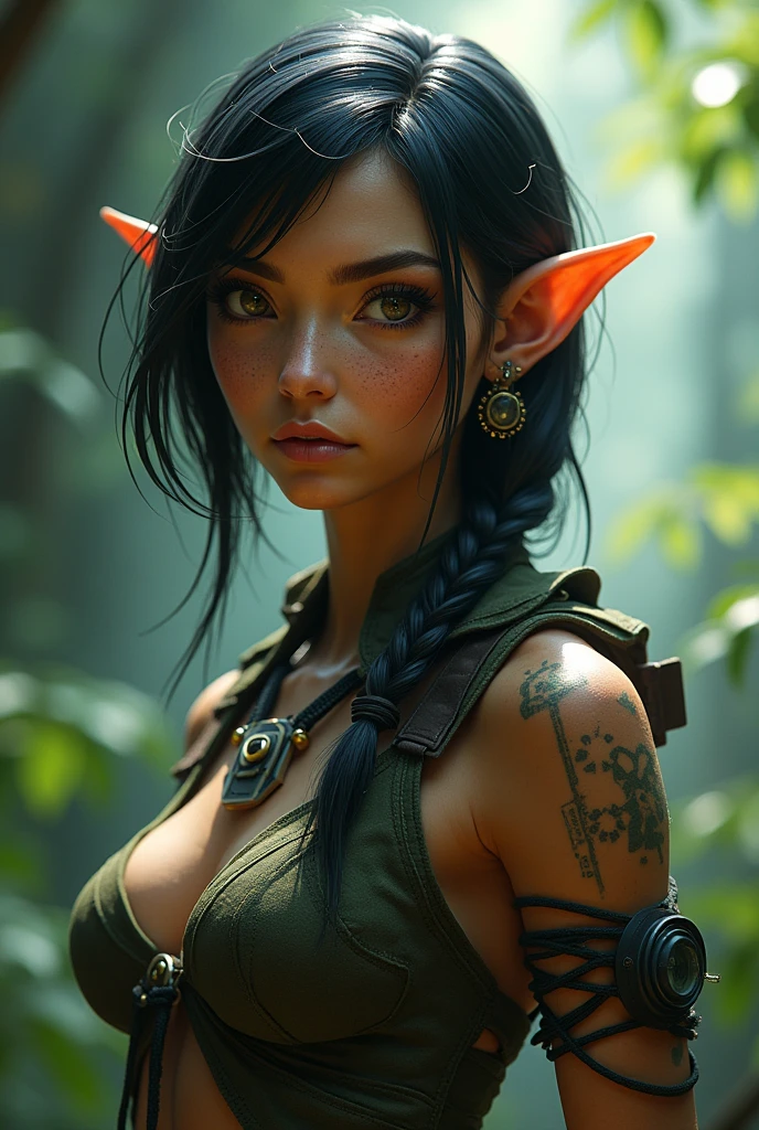 Make an Omaticaya character from the Avatar movie with the following characteristics: female sex, Facial feature: slanted and round eyes, short hair and with her braid of the link, and wears aggressive clothing, Her hair is short and straight down to her neck. You could make my face prettier but it would be obvious that it is rude., to her short hair down to her neck straight!. Perfect hair and clothes, Just make the face look younger than 2 Gigantic breast implant experience, extremely addicted to cosmetic surgery,