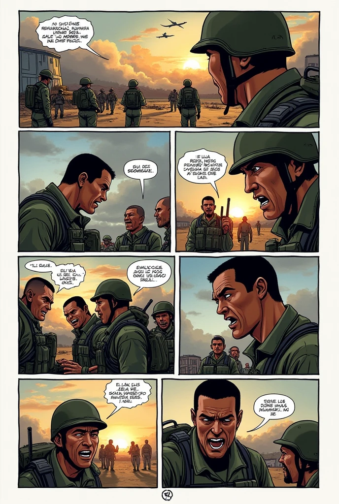6 comic strips of the armed conflict with their respective bubbles in Latin Spanish