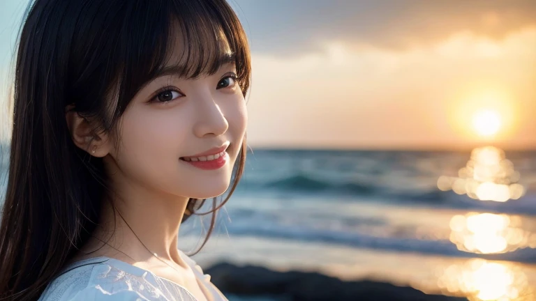 (Highest quality,masterpiece:1.3,Ultra-high resolution),(Very detailed,Caustics,8k),(Realistic:1.4,RAW shooting),[roller:Shiita Keai:0.5],Japanese,2,cute,(I'm looking at the camera with a smile on my face),(Black hair fluttering in the wind:1.1),Mid-length hair,Natural Makeup,(big ),White blouse,(Bust up shot),(Front view),The sea shines as it reflects the sunlight.,Soft Light,Natural light,Professional Writing