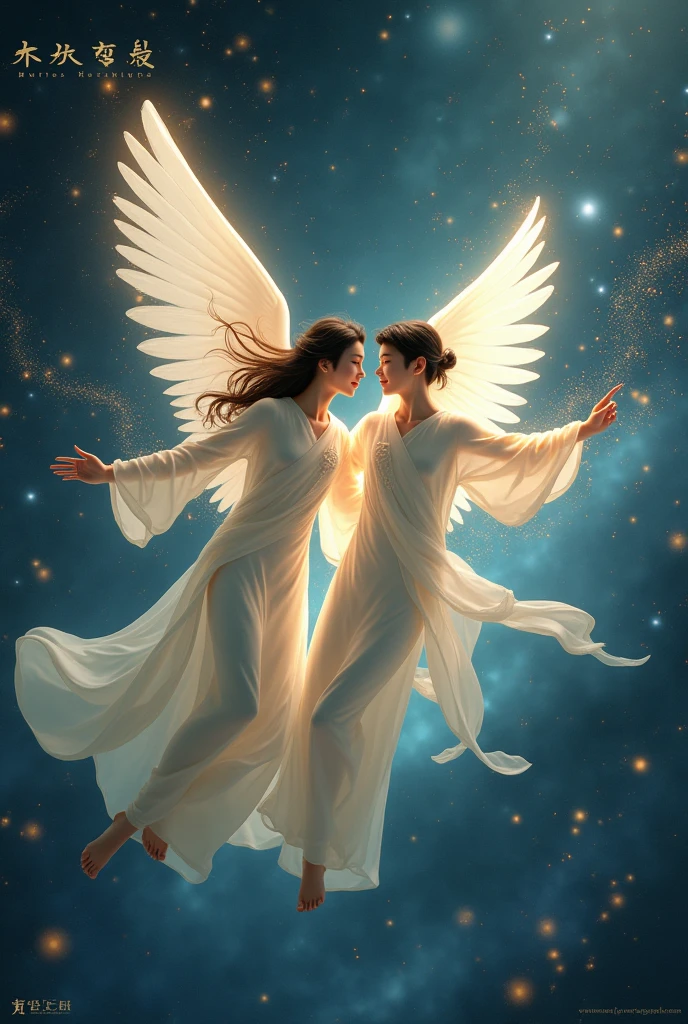 (photorealism:1.2) ( masterpiece ) ( highly detailed) a 2 brothers young chineses boy like a angel flyer in sky and have stars of gold in universe Photo realism , 8k , HD.