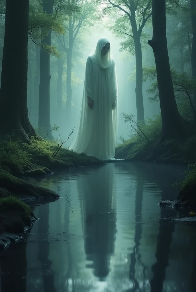 Ghost's Reflection** - The ghost looking at its reflection in a forest pool, contemplating its actions.