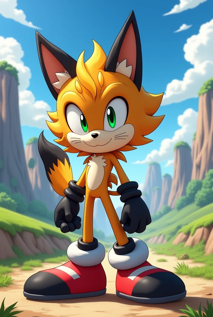 A big floppa the caracal if he were a sonic character , with black ears and arms and with Izuku Midoriya features