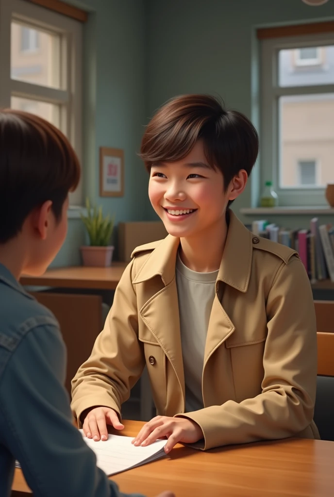 Young tutoring student sits at the table opposite me in a beige trench coat and smiles at me