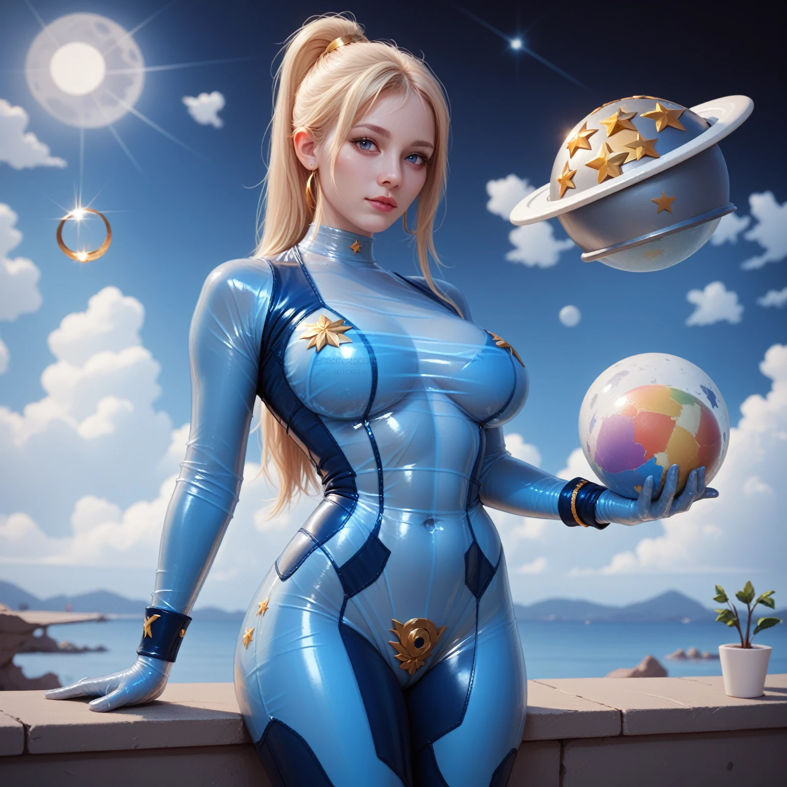 golden shorts armor holding planet earth sound moon translucent plastic jumpsuit and white bikini yellow gold iron latex