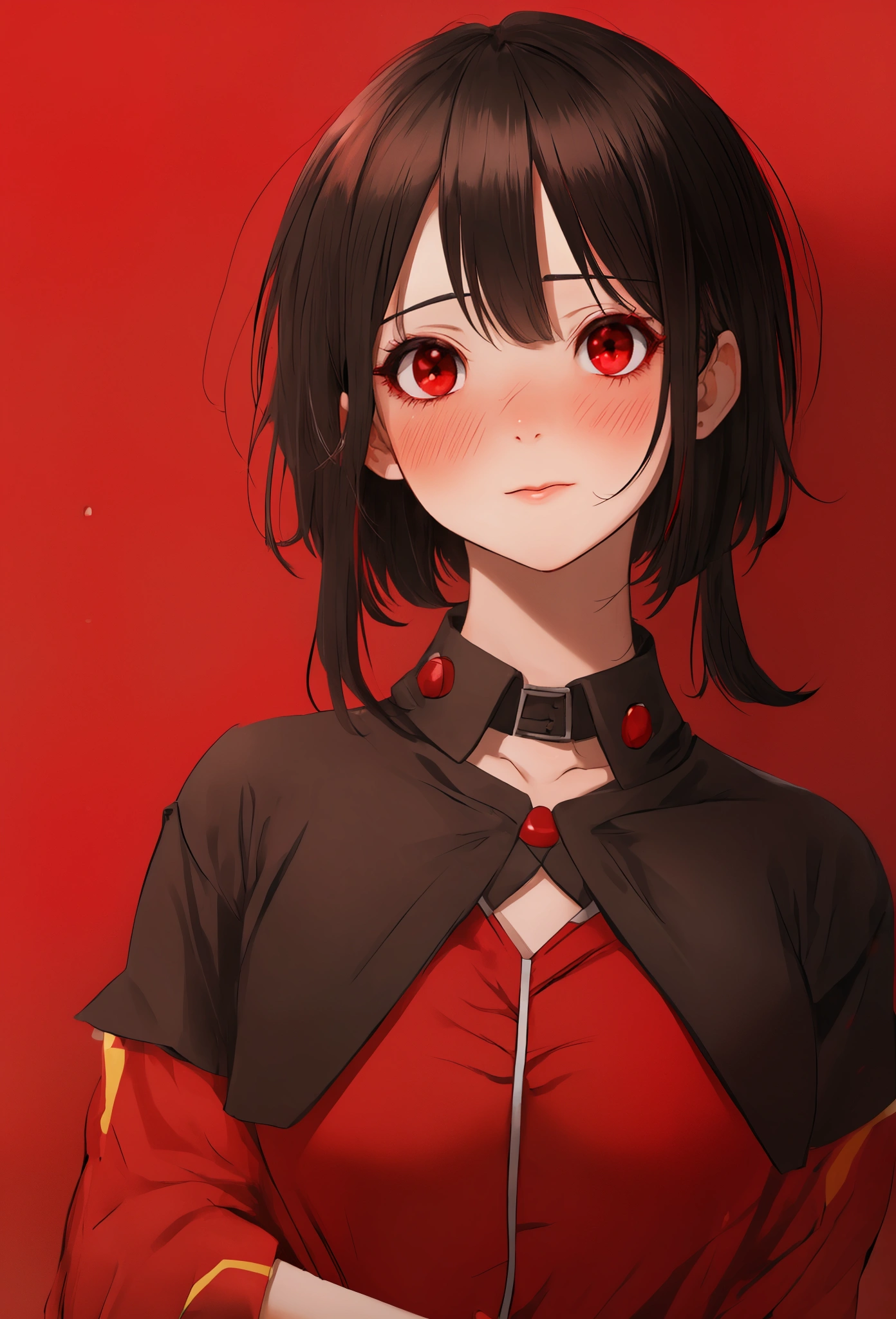 portrait, Megumin, short hair, black hair, (red eyes:1.3), short hair with long locks, winking, happy, nose blush,
