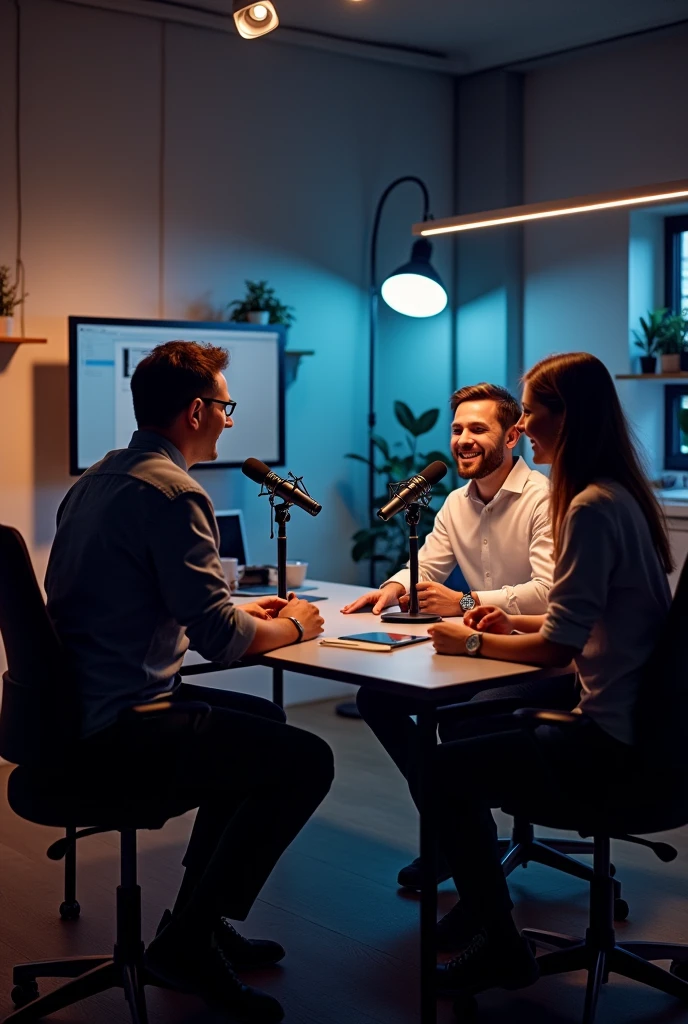 Réalise un bureau de Podcast avec les équipements nécessaires et les lumières et une personne entrain de se filmer et un téléphone. Deux personnes assis entrain de réaliser le podcast