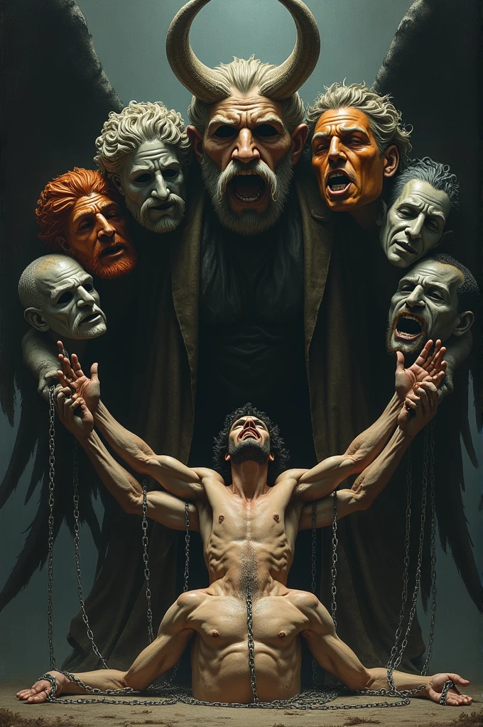 Masks of the seven deadly sins with faces of Greek gods and Lucifer in the center, trampling on a man who is chained to a bottle of whiskey and a dose of drugs