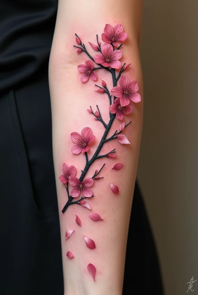 "Japanese cherry blossom branch, forearm tattoo, realistic style, falling petals"
