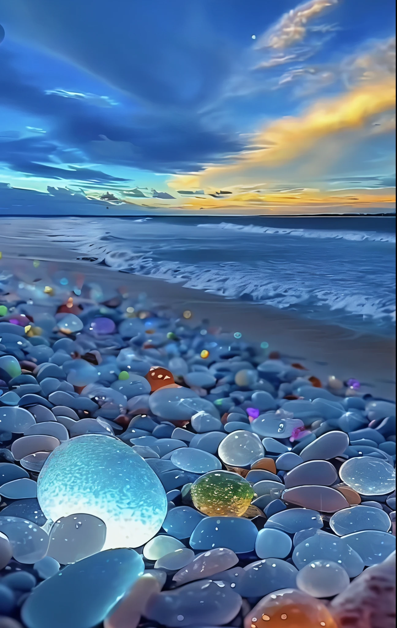 (best quality,4k,highres,masterpiece:1.2),ultra-detailed,realistic,photography,beach,glass spheres,magical beach,abstract digital artwork,amazing screensaver,seaside,airy bubbles,blue moonray tracing,serene colors,vibrant scenery,elegant rainbow bubbles,surreal beach photography,inverse scattering spheres,colorful high-definition images,user photos,artistic 4K