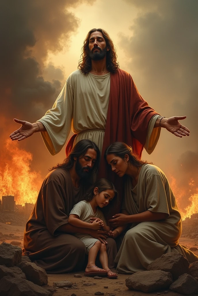 An image of a family crying with expressions of sadness and depression, suffering greatly and being comforted by Jesus in a scene of destruction with lots of fire and flames. 