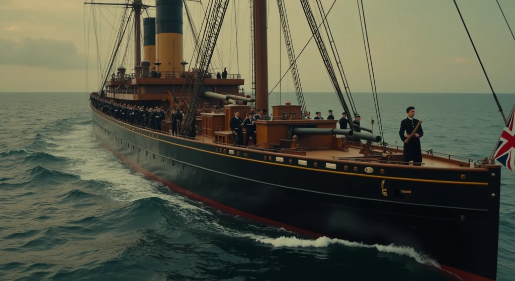 FILM SCENE FROM THE SIDE OF A NAVIO DE GUERRA DA MARINHA BRITANICA FROM 1912, IT IS ON THE HIGH SEA, CREW IN BRITISH UNIFORMS, CANNONS POINTED, LINDA BANDEIRA BRITANICA TODAY.