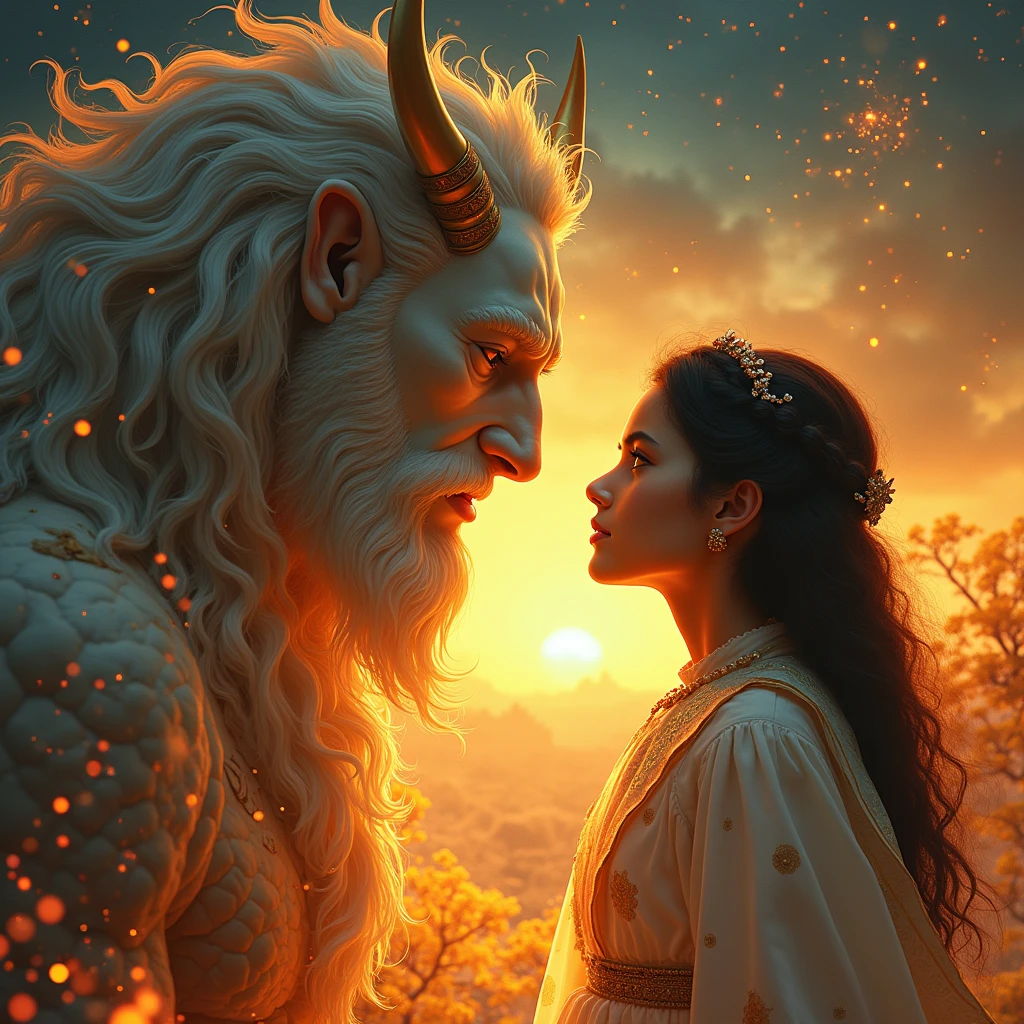The Iranian girl before whom the beautiful god of fire is kneeling and looking at each other 