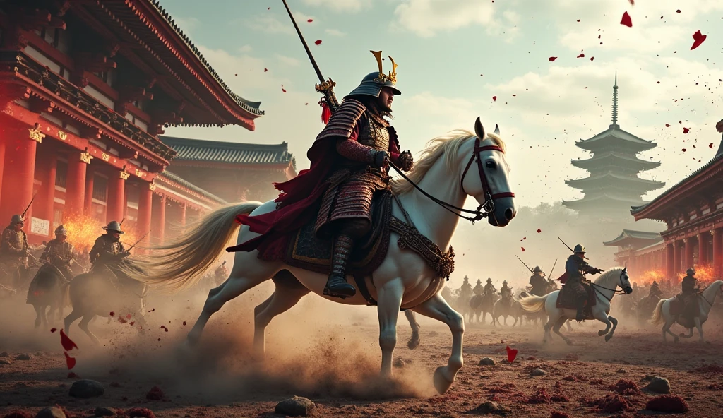 Japanese samurai Oda Nobunaga carrying a long Japanese sword on his shoulder、Beautiful samurai helmet, Samurai Armor, Samurai shin guards, Samurai Armguard, He carries a bow and quiver on his back, And lots of blood,He is riding a powerful white horse through the battlefield., Gunfire is raging all around him., And the enemy&#39;s arrows rain down, Before him are hordes of enemies, evil samurai, A very rough view of the battlefield from the air.々Amazing and spectacular photos, Drone photography, Dynamic pose, At Honnoji Temple in Japan