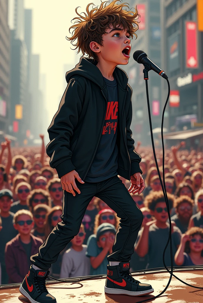 ( drawing style) a white boy with curly hair on a stage doing a crowded show, black nike clothes black jeans singing with microphone looking at audience