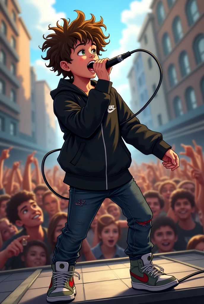 ( drawing style) a white boy with curly hair on a stage doing a crowded show, black nike clothes black jeans singing with microphone looking at audience