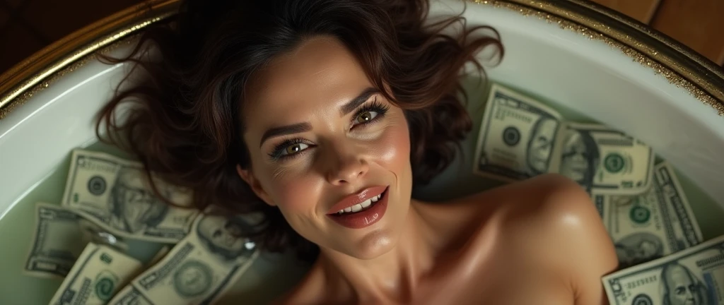 A sultry scene unfolds: A ravishing mature woman lounges luxuriantly in a massive tub, surrounded by a sea of crisp dollar bills that replace the warm waters. Her captivating smile, a devilish glint in her eye, suggests mischief and allure. The camera's direct overhead view captures every detail, from the delicate curves of her porcelain skin to the luscious locks framing her face.