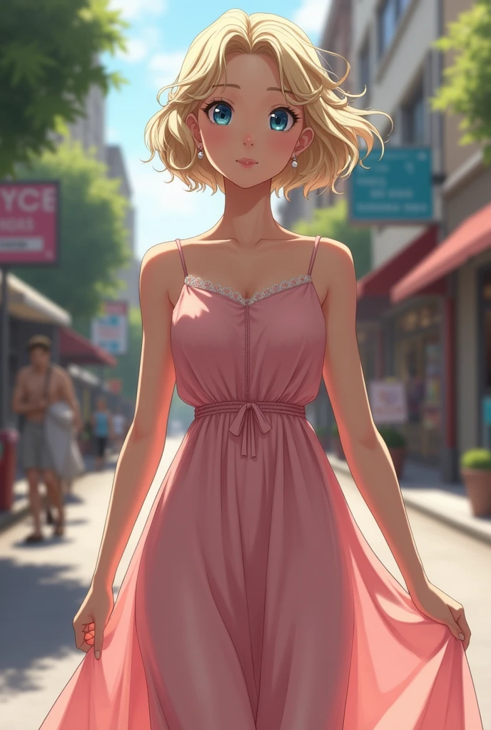 Levely, a girl, blonde, short hair
neck height, tall blue eyes, wears a pink dress with shoulder straps walking down the street with sandals, full body, frontal view, Close-up, realistic