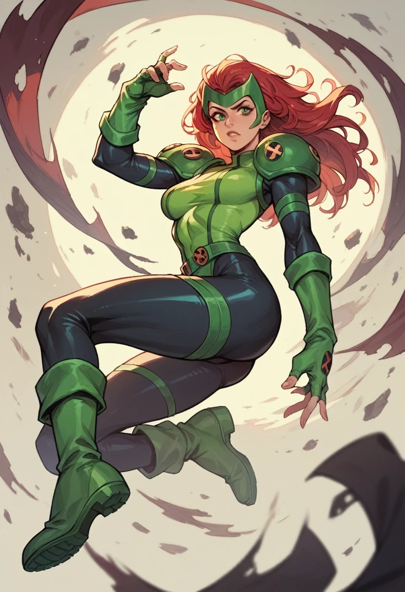 1woman, x-men, comics style, long red hair, green face-framing headpiece, bodysuit, green top, green shoulder pads, black leggings, green high boots, green fingerless gloves