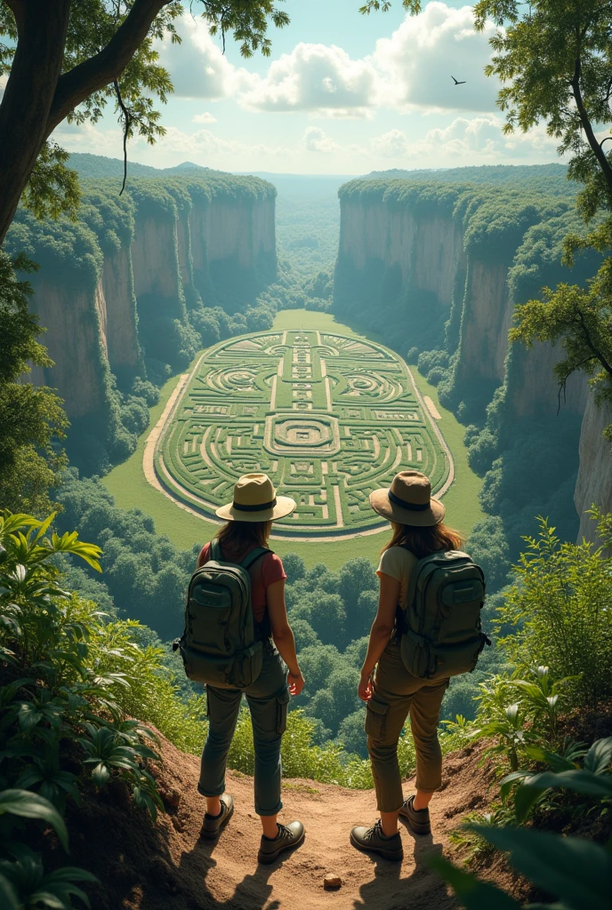 Two women examining giant geoglyphs in the Amazon