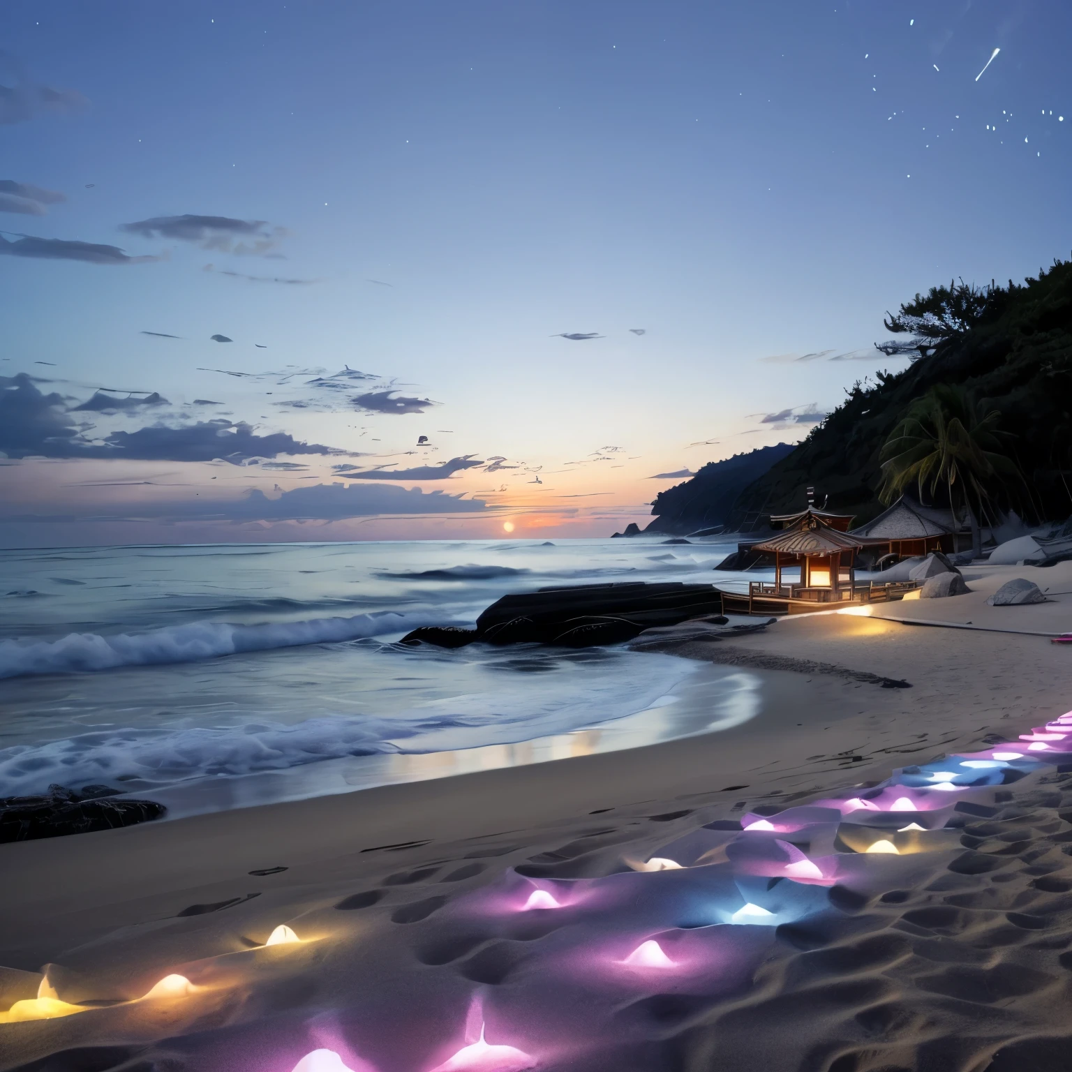 Beach at night、Starry Sky、Heart on the beach、heart、White stone、White stoneで囲ったheart、light up、Neon color、Gradation、 Lens flare, colorful, High resolution, 8k, Beach、vivid、Palm tree、Real、Rear Stick、photograph、masterpiece、mysterious、Clearly light and dark、