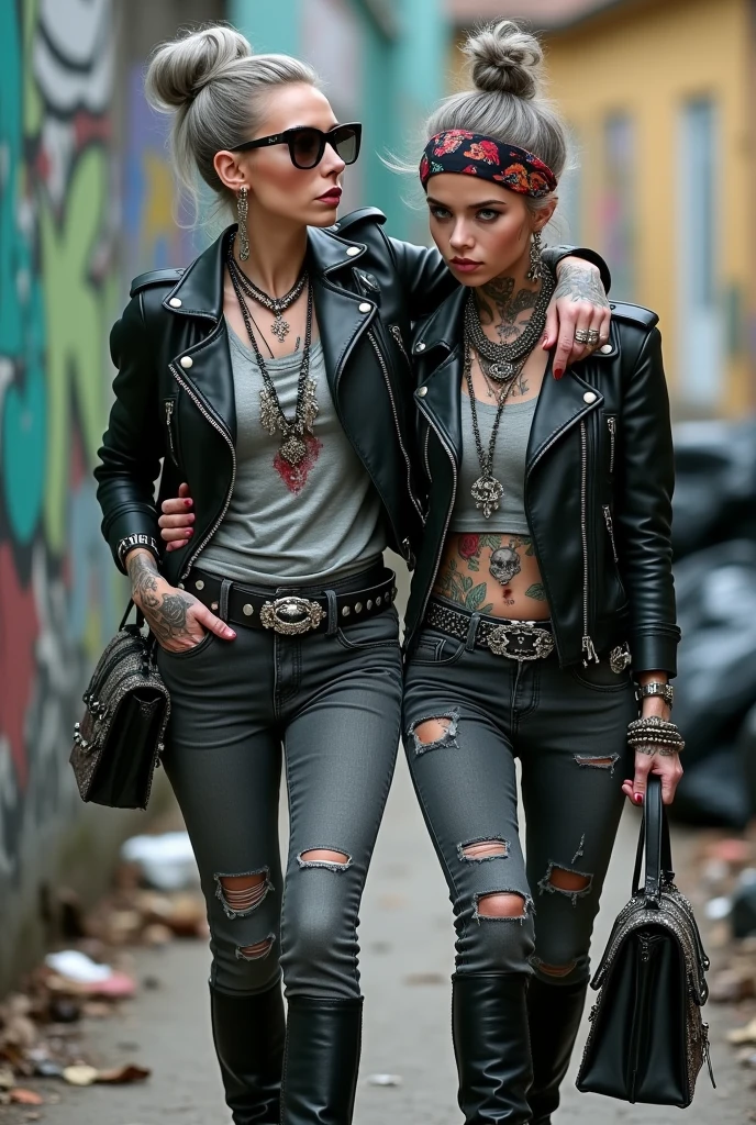 Two russian milf women, one with the arm over the shoulder of the other. grey hair (one: bouffant, top bun. The other, straight and middle part}and one wearing oversized square sunglasses and wide colourful bandana as headband), with very light green eyes, extremely pale. Big lips. No tan. Wearing aged black moto jacket (zippers on the side, skull and bones pins). Both: different old worn grey t-shirt with rock band logo. Both,, dark skinny low rise grey jeans with holes on knees ( patched with colourful fabric). Both:, dark grey worn jeans {with holes on knees) tucked in black leather knee high boots. . Lots of thick wide studded bracelets, chain collars and big rings. Both, high boots. Tacky wide studded leather belt with big skull and bones oval buckle. Long earrings with chains and feathers. Walking with hands in pockets, stretching her neck, craving., Neck, chest, stomach and wrists heavily tattoed. Toned abdominals, thin neck, slim legs and thin arms. Narrow hips and slim legs. Black leather studded tote bags. Graffitied wall behind, waste on the groun and piled garbage bags around.