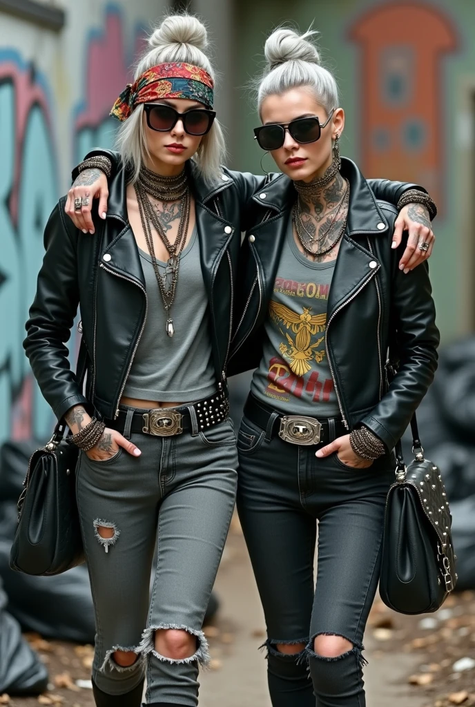 Two russian women, one with the arm over the shoulder of the other. grey hair (one: bouffant, top bun. The other, straight and middle part}and one wearing oversized square sunglasses and wide colourful bandana as headband), with very light green eyes, extremely pale. Big lips. No tan. Wearing aged black moto jacket (zippers on the side, skull and bones pins). Both: different old worn grey t-shirt with rock band logo. Both,, dark skinny low rise grey jeans with holes on knees ( patched with colourful fabric). Both:, dark grey worn jeans {with holes on knees) tucked in black leather knee high boots. . Lots of thick wide studded bracelets, chain collars and big rings. Both, high boots. Tacky wide studded leather belt with big skull and bones oval buckle. Long earrings with chains and feathers. Walking with hands in pockets, stretching her neck, craving., Neck, chest, stomach and wrists heavily tattoed. Toned abdominals, thin neck, slim legs and thin arms. Narrow hips and slim legs. Black leather studded tote bags. Graffitied wall behind, waste on the groun and piled garbbags around.