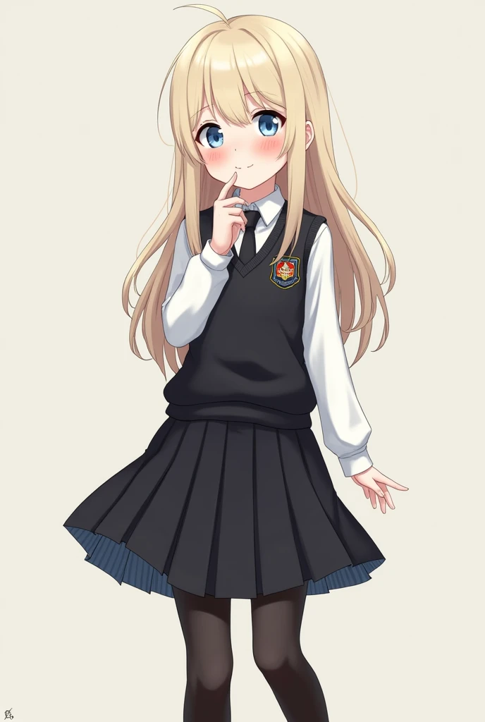 Aliya Kuznetsova - young girl, having a typical Slavic appearance with light anime elements. She has blonde hair, Platinum hair, which fall in straight strands to the middle of the back. Her hair is neatly parted on the side., and the ends are slightly curled. Large expressive eyes of light blue color, in which you can always see a slight shine and a little embarrassment. Light skin, with a slight blush on her cheeks. Alia has thin lips and a neat nose..
She wears a school uniform, consisting of a white shirt with long sleeves, a black knee-length skirt and a dark vest with the school emblem on the chest. Her look is completed with a dark tie and black stockings., and on her feet - neat black shoes.
The facial expression often includes a slight, embarrassed smile., especially when she speaks Russian, adding charm to your image.