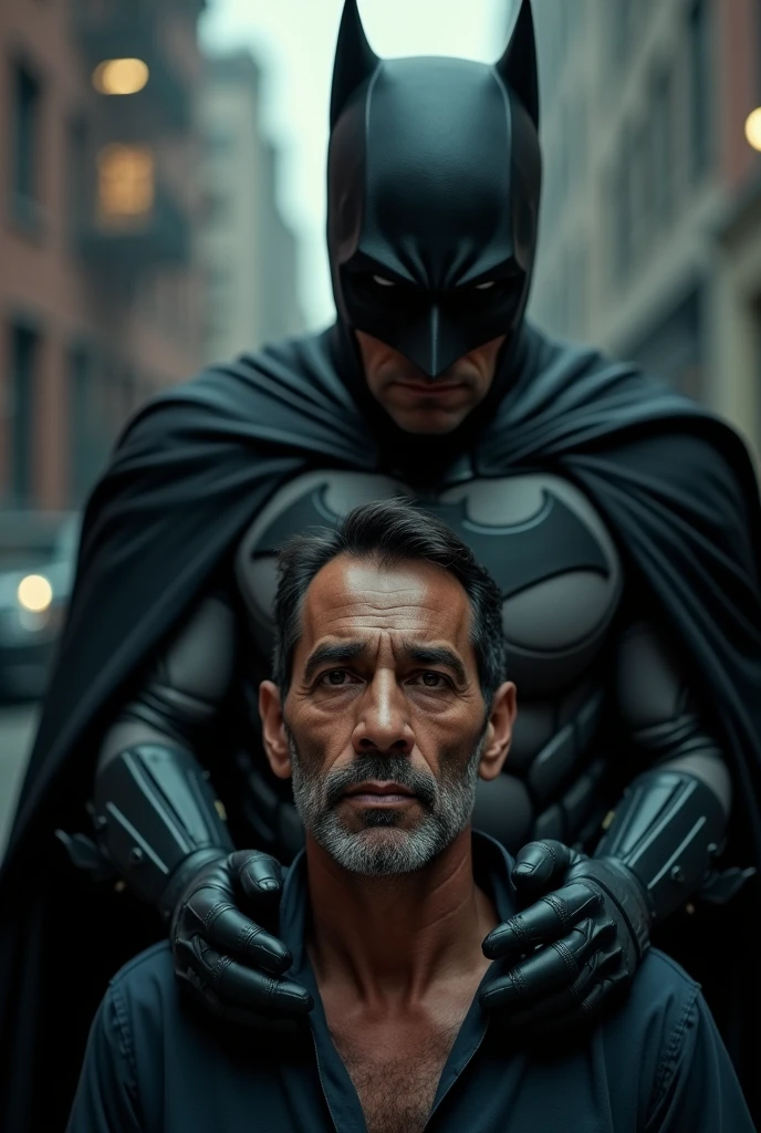 Man with indigenous latin american features, being arrested by batman, resignation on his face as he realizes he is about to be deported, detailed facial features, dramatic lighting, cinematic atmosphere, chiaroscuro, moody colors, gritty cityscape, master lighting, high detail, photorealistic