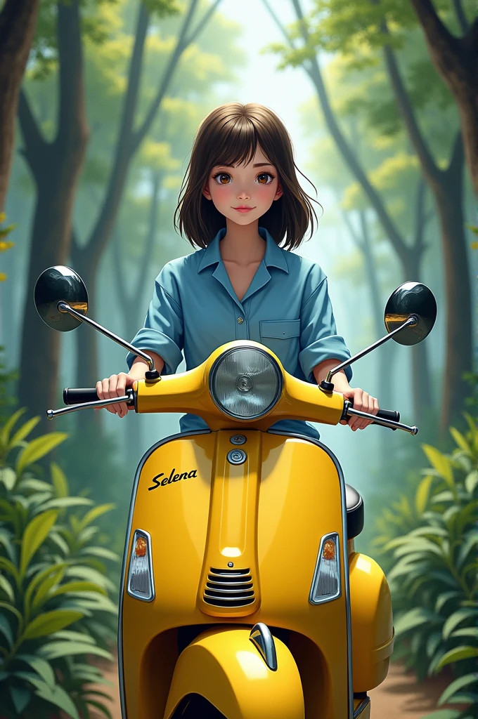 Biggest forest background, and 20 years old girl nude wearing casual only blue shirt, medium beautiful hair,  sitting on Yellow Color VESPA of front, with name "SELENA" write on number plate, art painting realistic photo with high resolution.