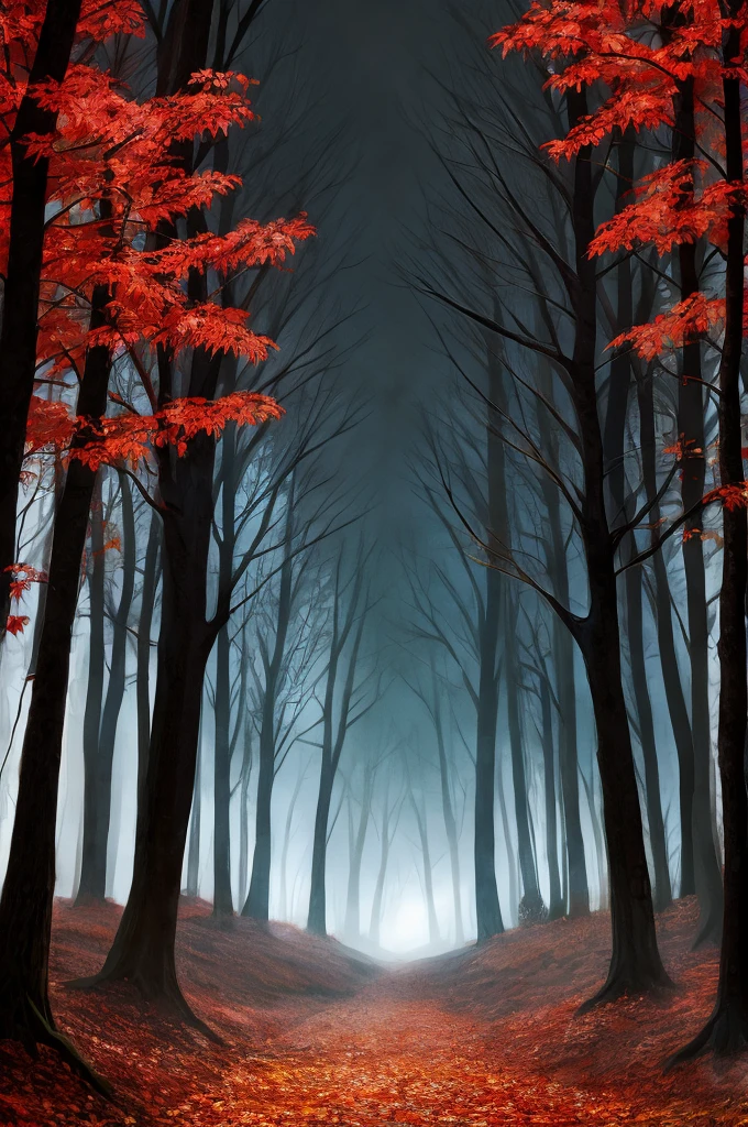 dark and gloomy forest with red maple tree