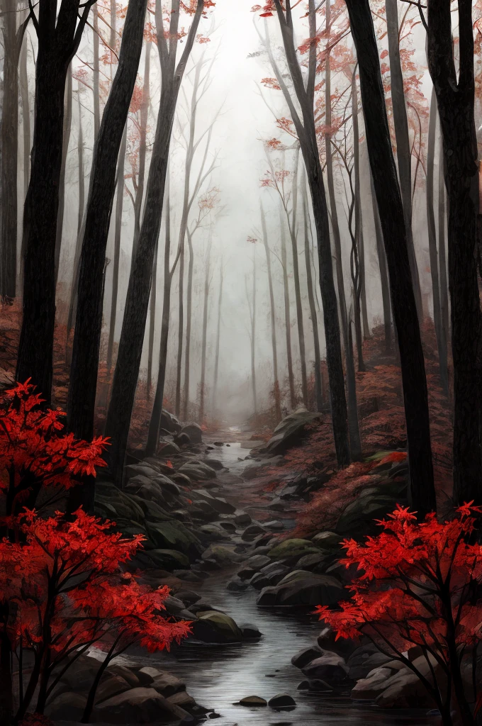 dark and gloomy forest with red maple tree
