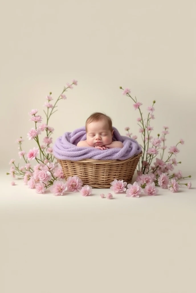 arafed baby in a basket surrounded by flowers and greenery, a picture inspired by Anne Geddes, pixabay contest winner, art photography, wrapped in flowers, wrapped in cables and flowers, maternal photography 4 k, full body photograph, girl in a bed of flowers, medium portrait, draped in purple, adorable, cute photo, photo of a beautiful