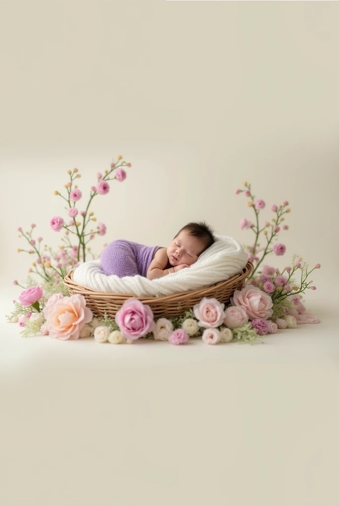arafed baby in a basket surrounded by flowers and greenery, a picture inspired by Anne Geddes, pixabay contest winner, art photography, wrapped in flowers, wrapped in cables and flowers, maternal photography 4 k, full body photograph, girl in a bed of flowers, medium portrait, draped in purple, adorable, cute photo, photo of a beautiful