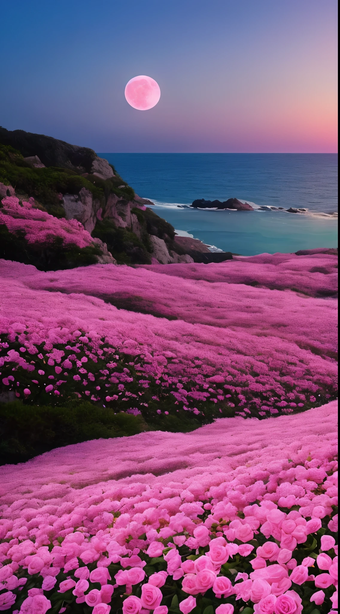 Pink moon, pink sky, soft pink clouds, pink ocean waves sparkling, sparkling, pink roses on pink ocean, fantasy, diamond, crown, universe, soft lights,Heart Cloud Realistic、Real、high resolution、Panorama、Wide angle