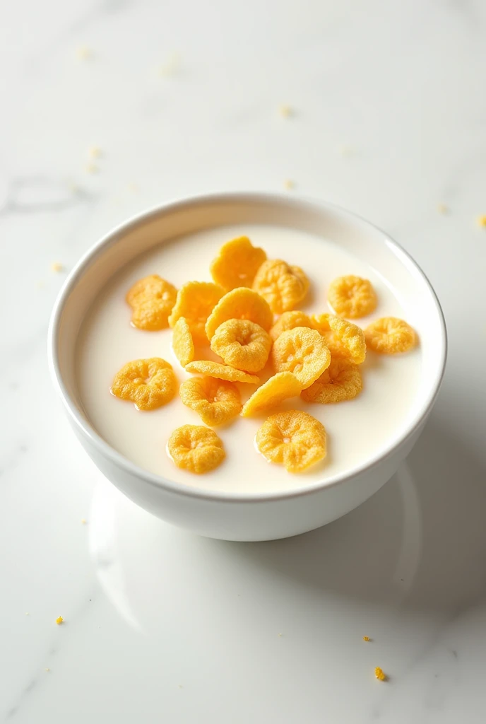 a photo of cornflakes with milk on a white conter top