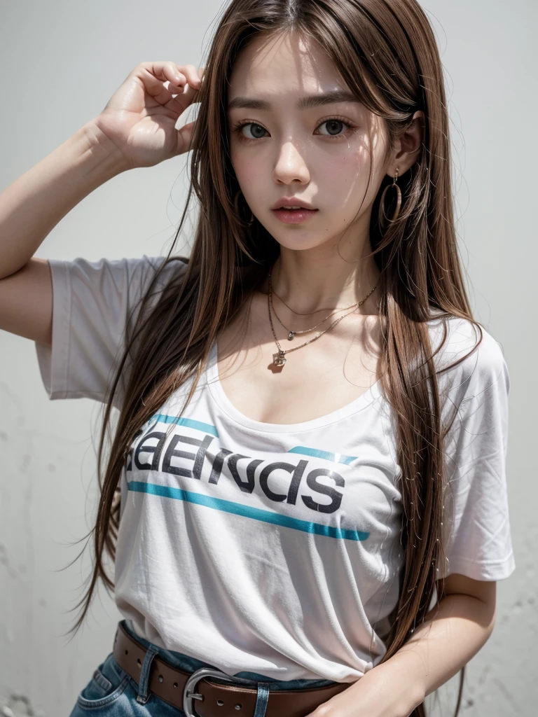 One person, chest, 大きなchest, , T-shirts Adidas Long Hair, Brown Hair, belt、Earrings, necklace