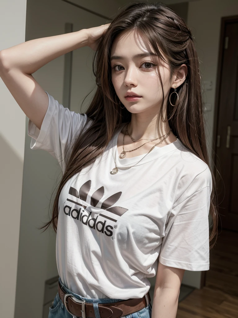 One person, chest, 大きなchest, , T-shirts Adidas Long Hair, Brown Hair, belt、Earrings, necklace