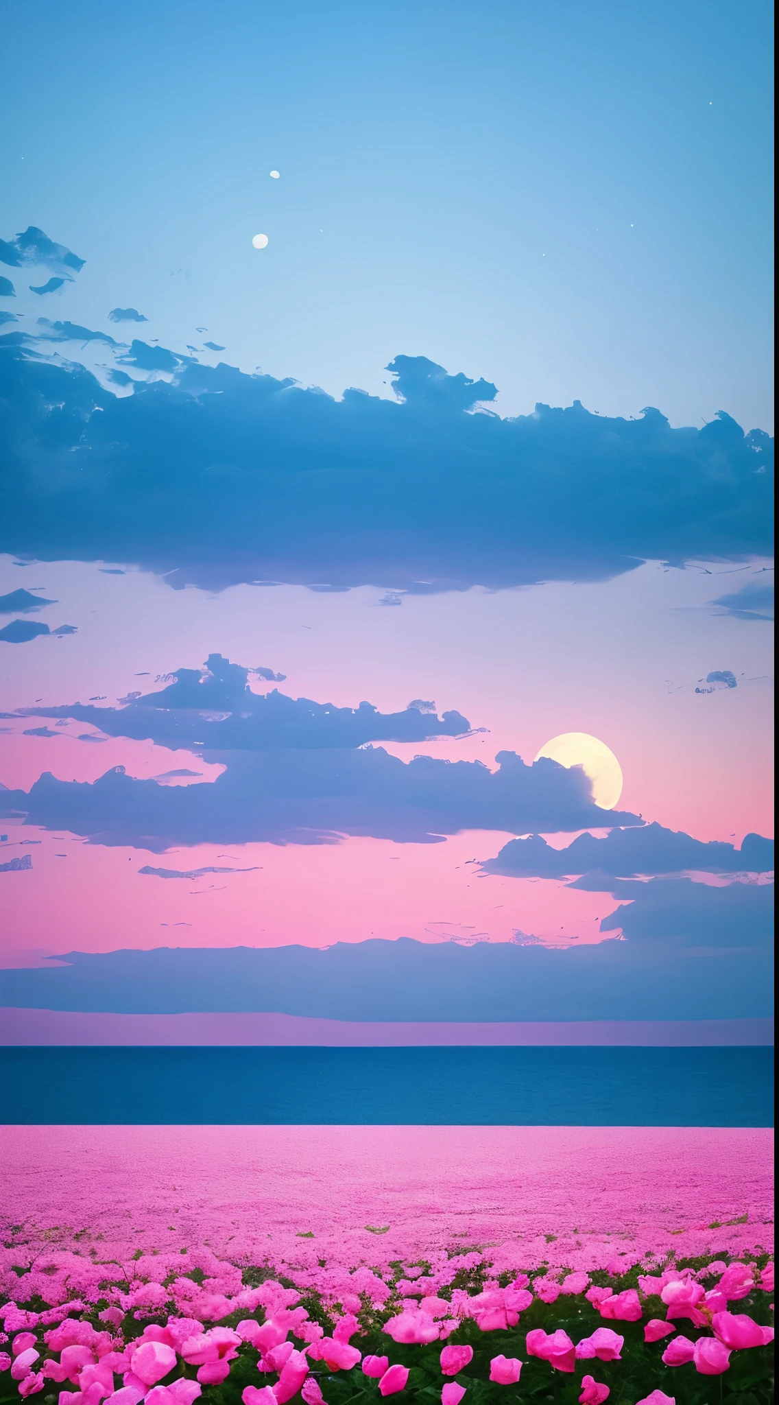 Pink moon, pink sky, soft pink clouds, pink ocean waves sparkling, sparkling, pink roses on pink ocean, fantasy, diamond, crown, universe, soft lights,Heart Cloud Realistic、Real、high resolution、Panorama、Wide angle