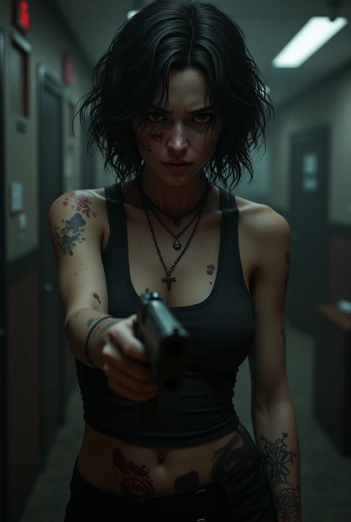 Resident evil version: pitch black in a dimly lit office with a short curly haired, lowrise, many freckles on her face, holding a pistol, the bloodstained cheek, wearing a tank top and a necklace with a cross as a pendant. scared.