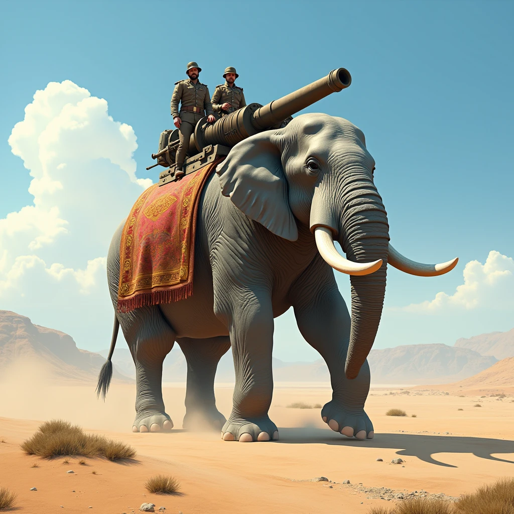 Generate me the image of an elephant, This one carries a cannon manned by two men and wears a blanket, He is walking through a desert, photorealist