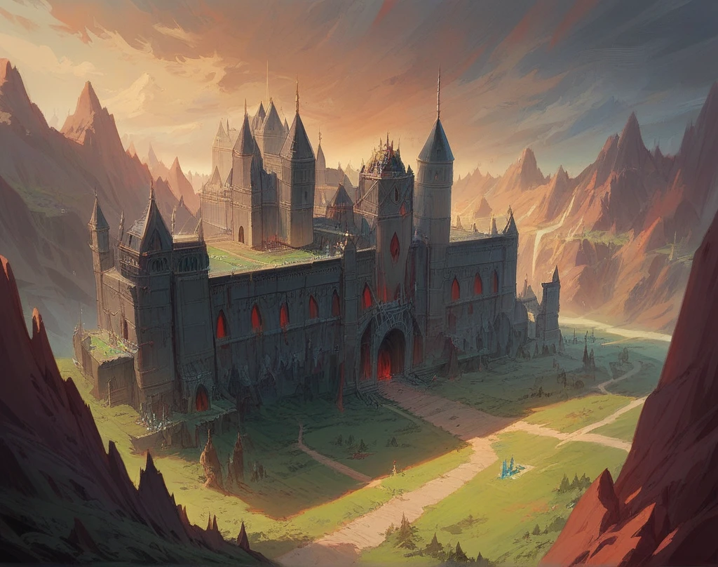 a medieval castle in an alien landscape, a red, white and blue starship with intricate details, green nacelles and heavy metal gold webbing, extremely detailed and symmetrical, alien landscape photography, warmly glowing nacelles, cobalt wired industrial materials