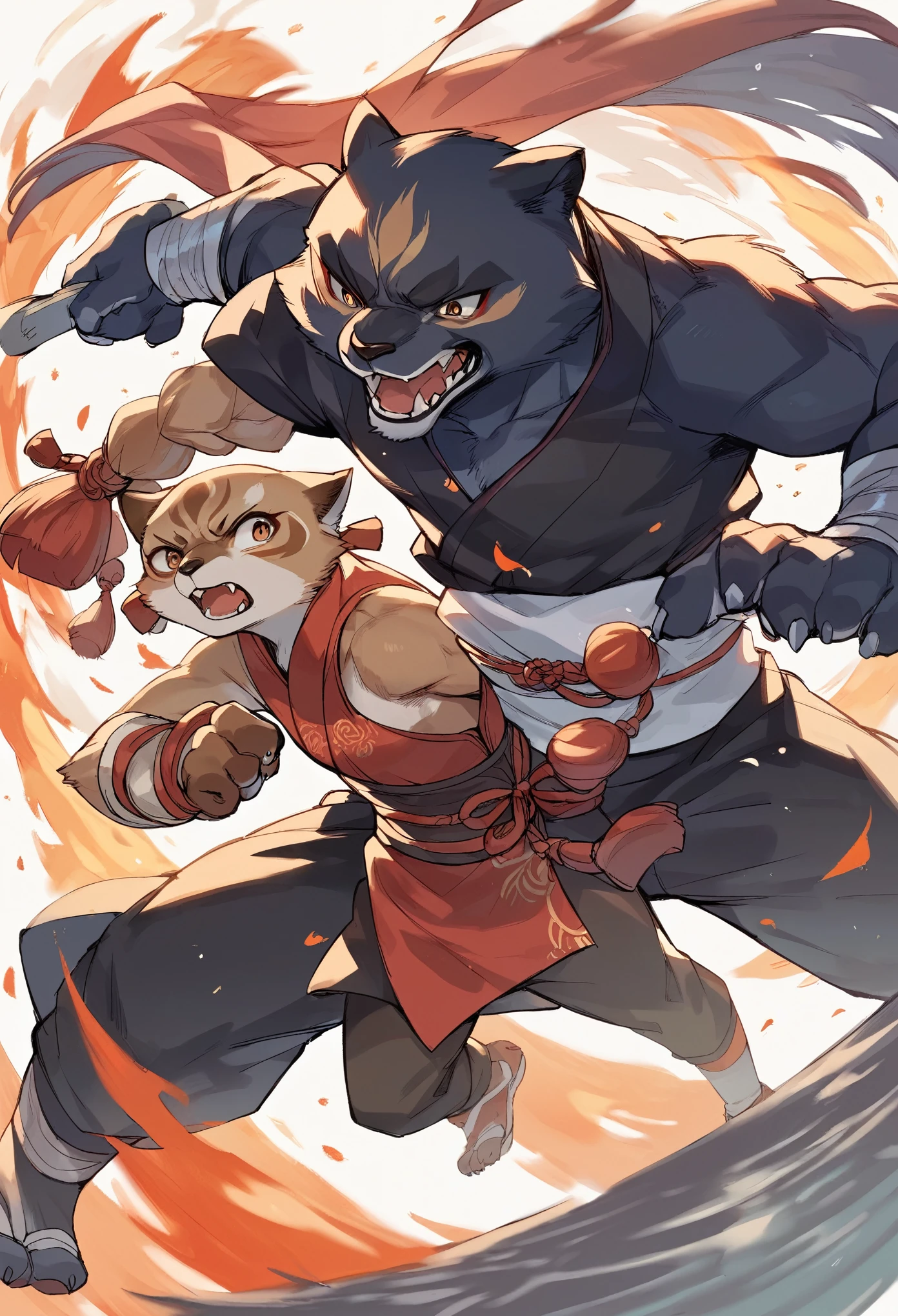 rating_safe, score_9, score_8_up, score_7_up, score_6_up, score_5_up, score_4_up, hires, source_furry(kemono, boy, girl)dynamic angle, kung fu film, action, perfect anatomy,
